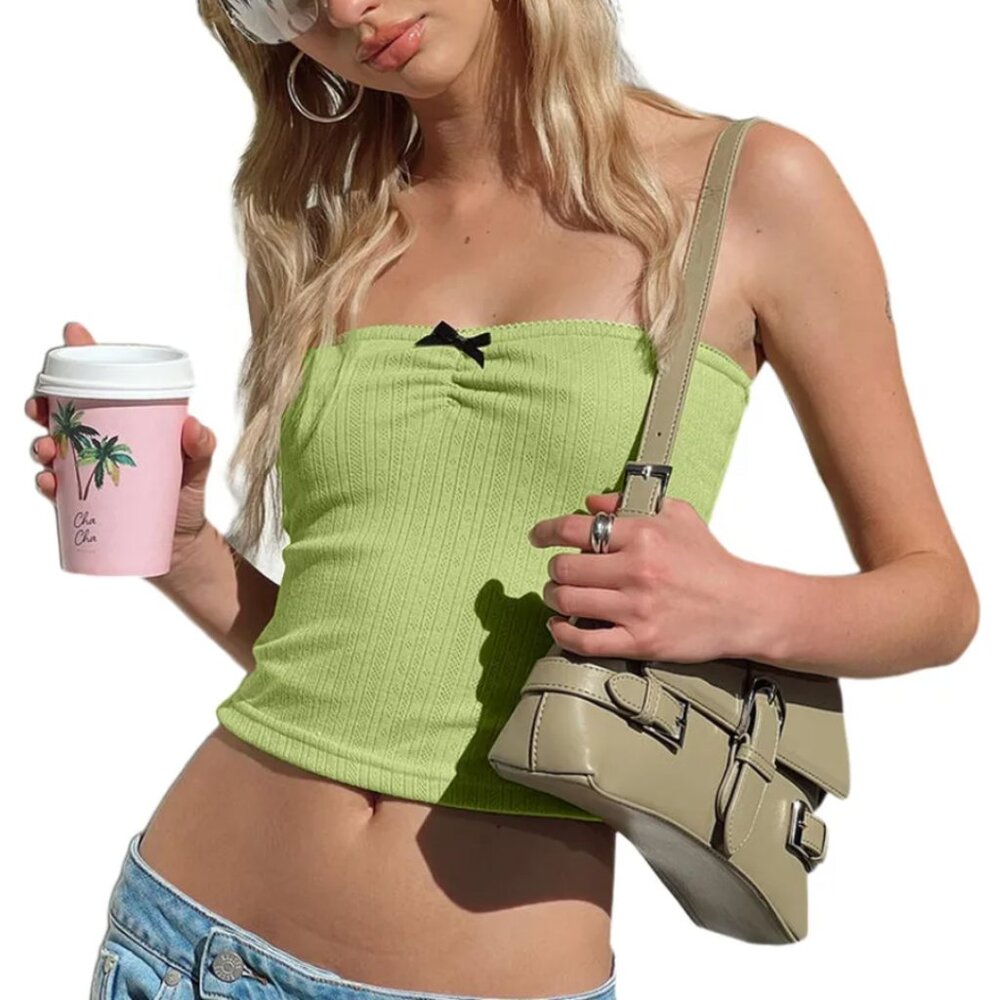 Princess Polly Cropped Strapless Ribbed Green Tari Tube Top with Black Bow